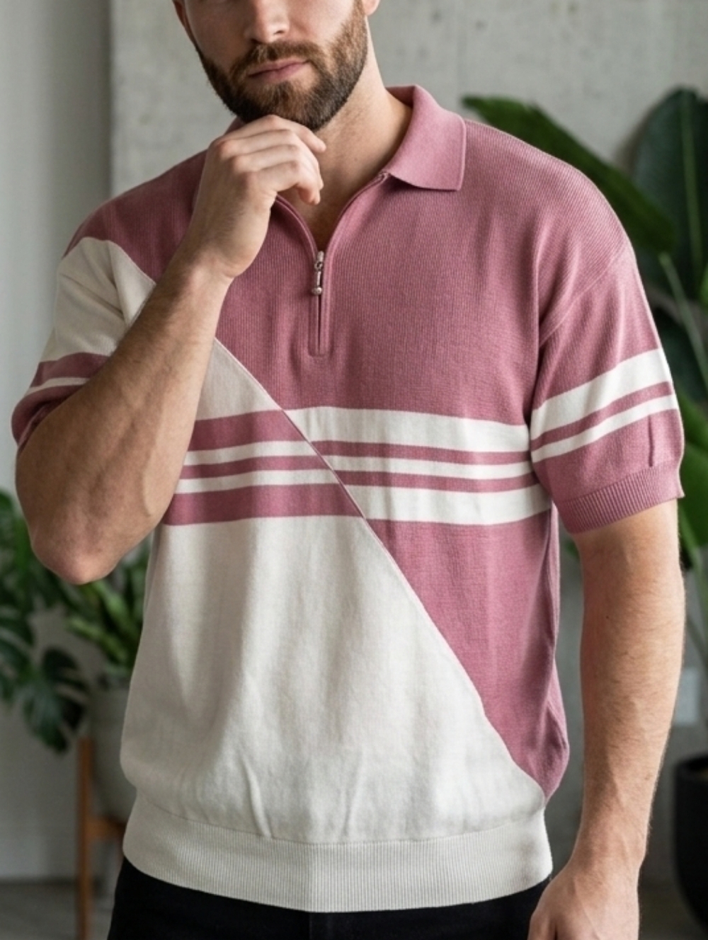 STEEPLECHASE men's vintage polo shirt, pink/white colorblock, zipper, Size L